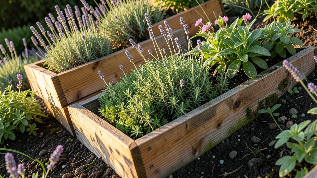 Raised Wooden Boxes with Herbs and Thyme