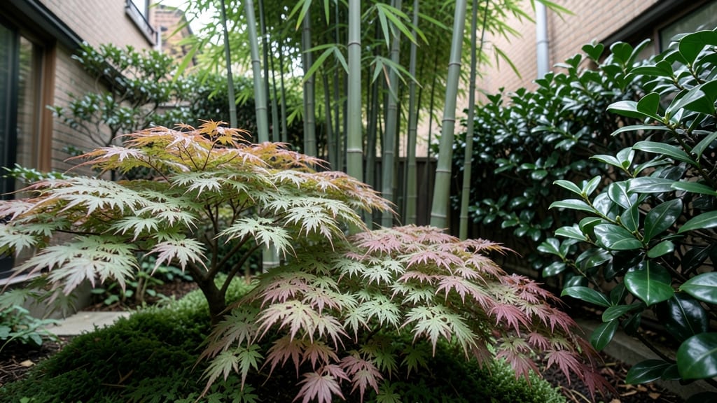 Japanese-Inspired Layered Shrubbery with Maple Leaves