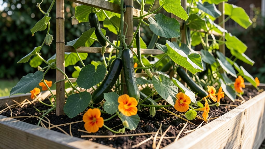 Cucumber and Nasturtium Trellis Bed