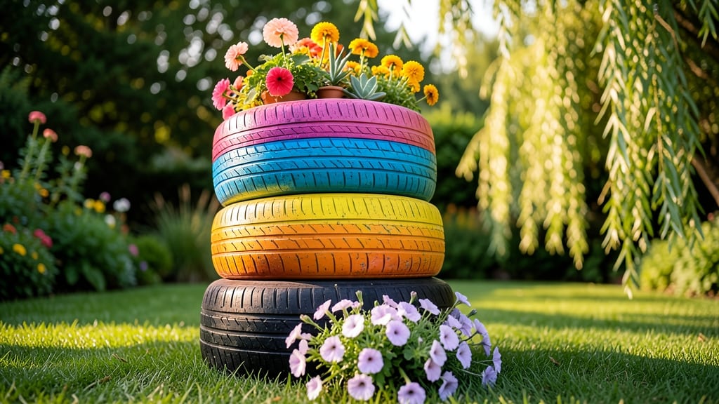 Rainbow Tire Planters with Painted Accents