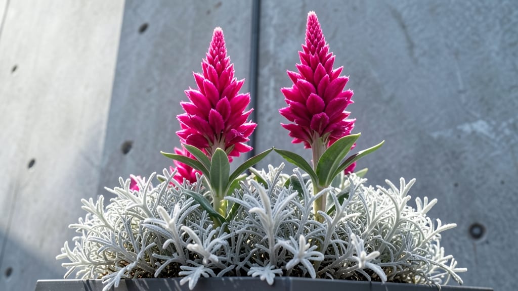 Hot Pink Celosia with Silver Dusty Miller