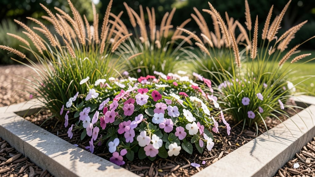Vinca and Ornamental Grass Textured Bed
