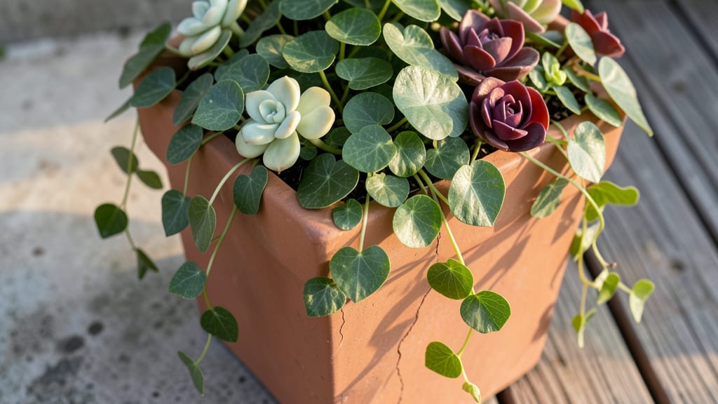 Mixed Vinca and Succulent Container Garden