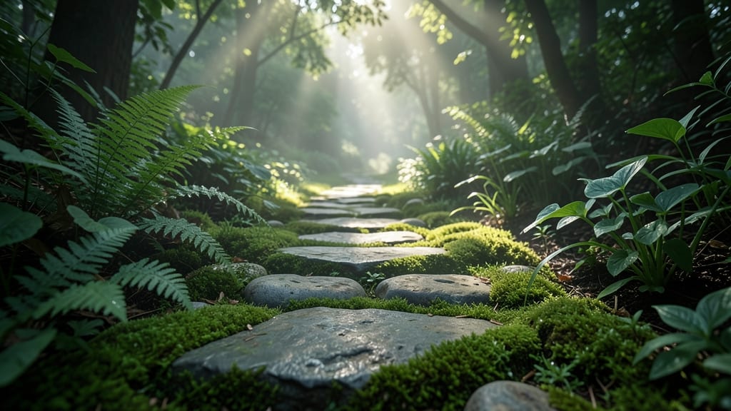 Stepping Stone Path with Moss and Ferns