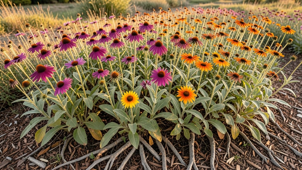 Perennial Border with Echinacea and Coneflowers