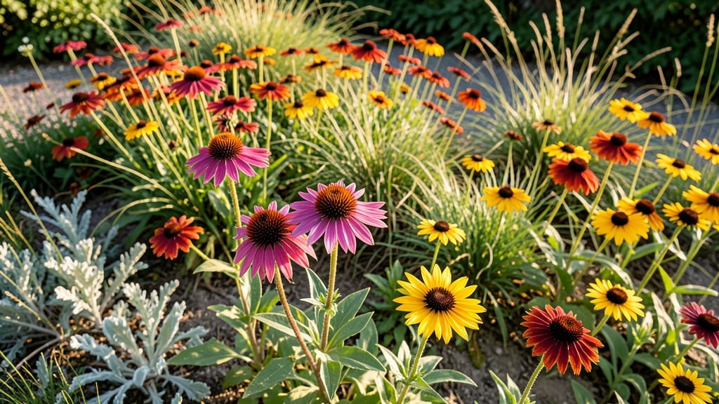 Heat-Tolerant Perennial Border with Echinacea