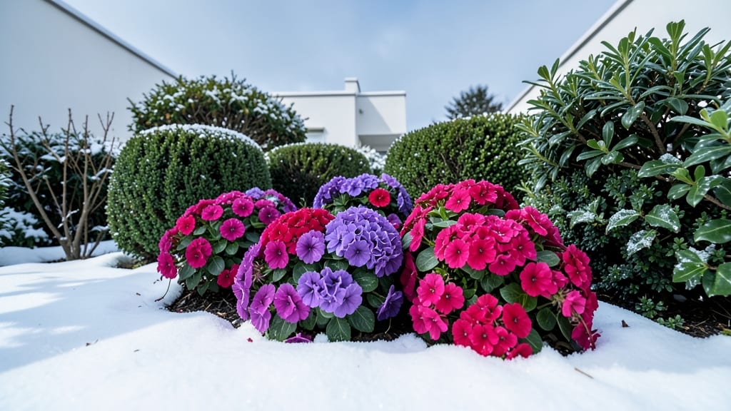 Winter-Interest Vinca with Evergreen Shrubs