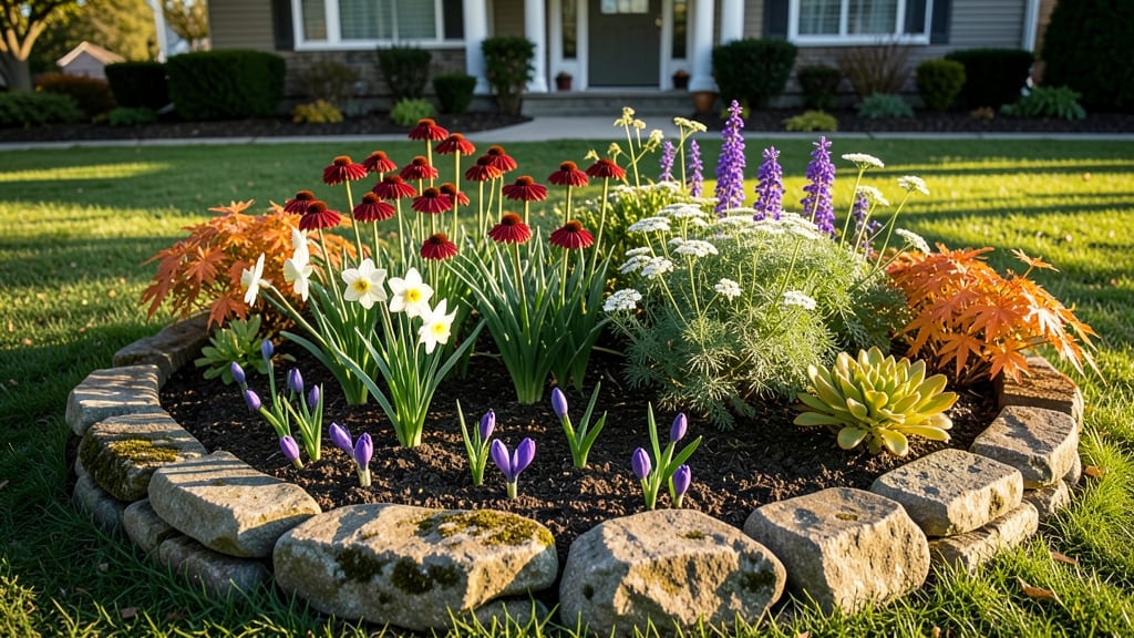 Seasonal Round Bed with Bulbs and Perennials