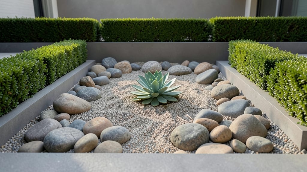 Modern Minimalist Rock Garden with Boxwood