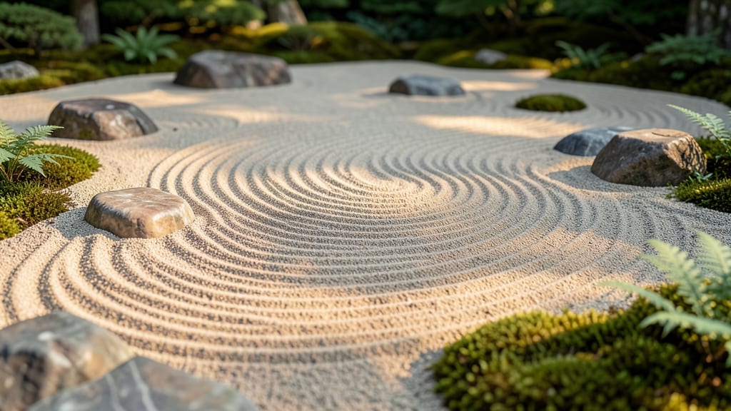 Japanese Zen Garden with Raked Sand