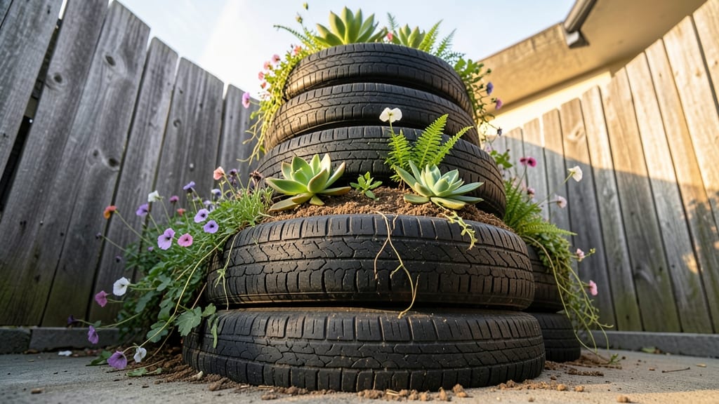 Tire Planters with Vertical Gardens