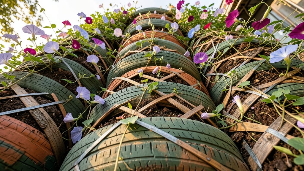 Tire Planters with Built-In Trellis