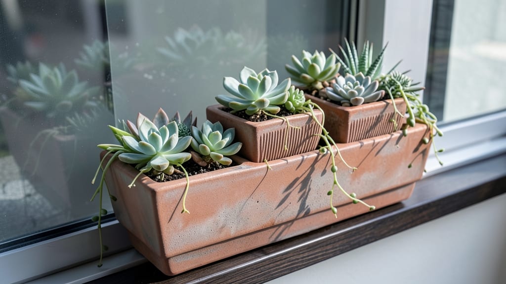 Window Box with Tiered Succulent Planters