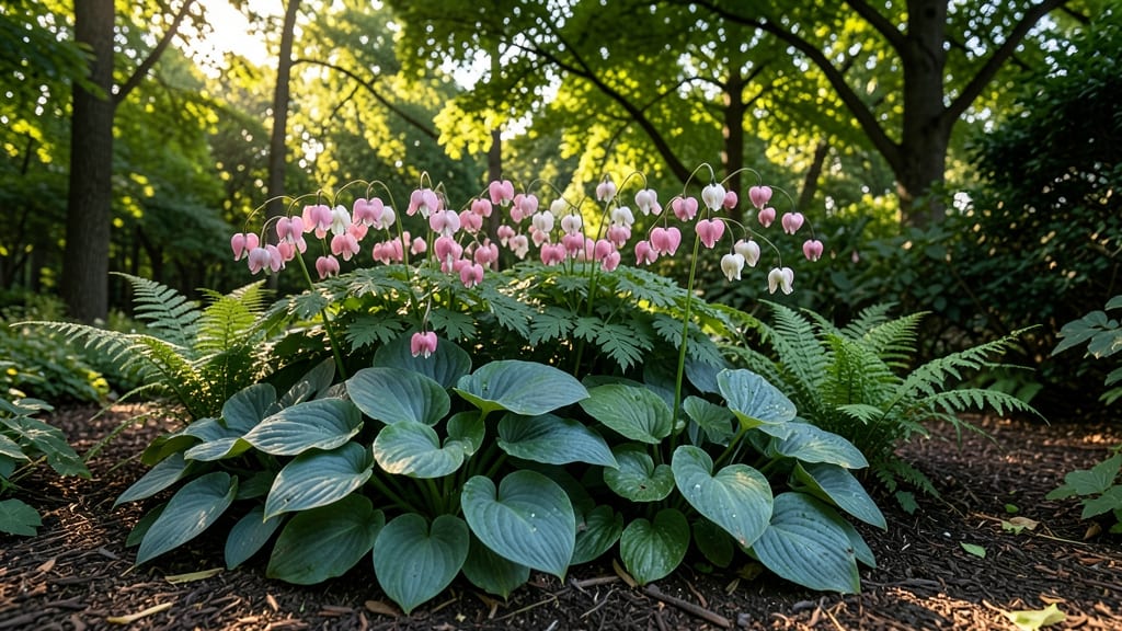 Hostas with Fern Fronds and Bleeding Hearts