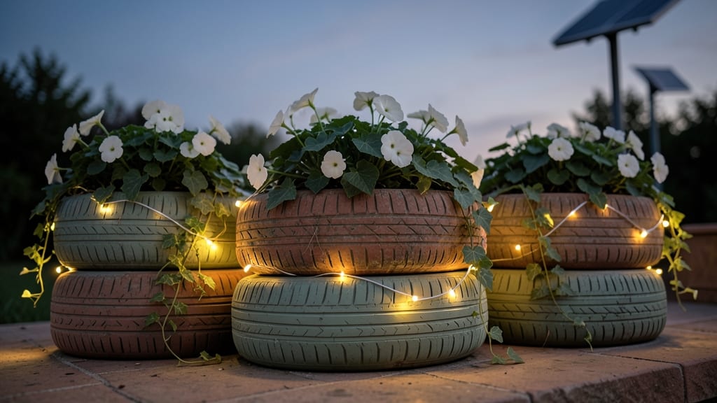 Tire Planters with Solar Lighting
