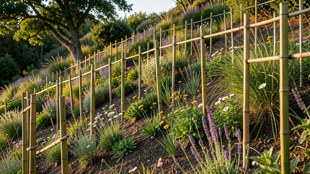 Bamboo Fence Containment for Steep Slope Flowers