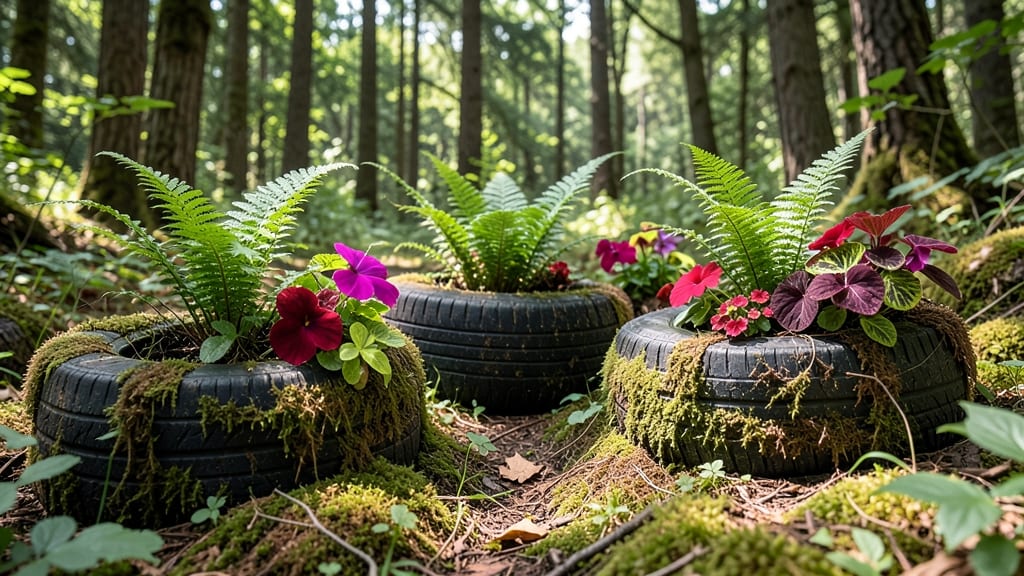 Tire Planters with Moss and Fern Accents