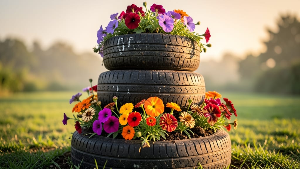 Rainbow Tire Planter With Annual Flowers