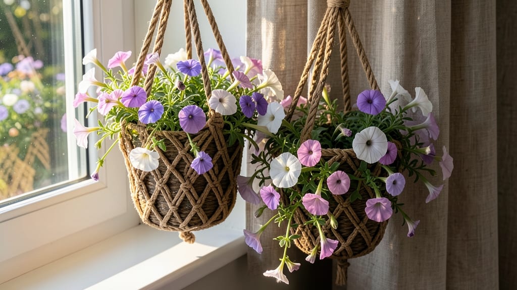 Hanging Macramé Flower Baskets with Trailing Petunias