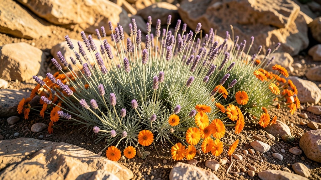 Drought-Tolerant Lavender with Orange Calendula