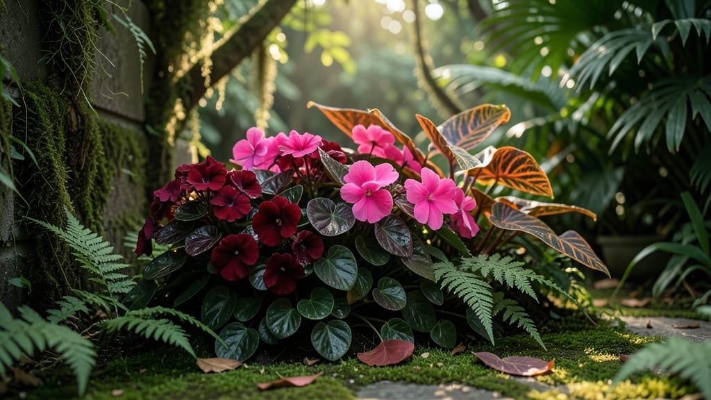 Tropical Paradise with Red and Pink Impatiens
