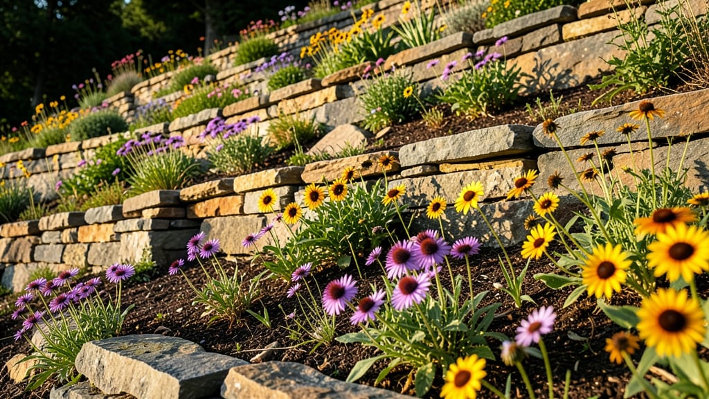 Natural Stone Retaining Walls with Wildflowers