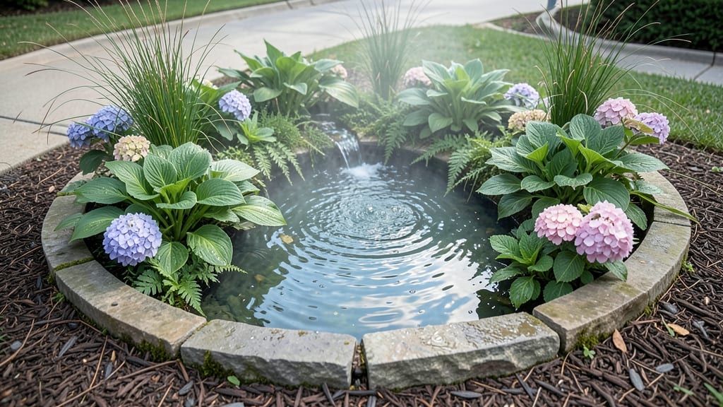 Round Flower Bed with Water Feature Centerpiece