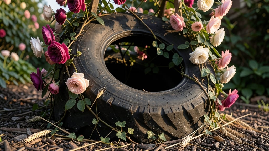 Tire Planter With Climbing Roses
