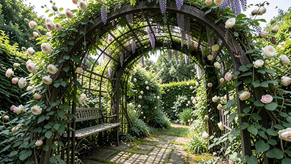 Vine-Covered Arched Planter Trellis