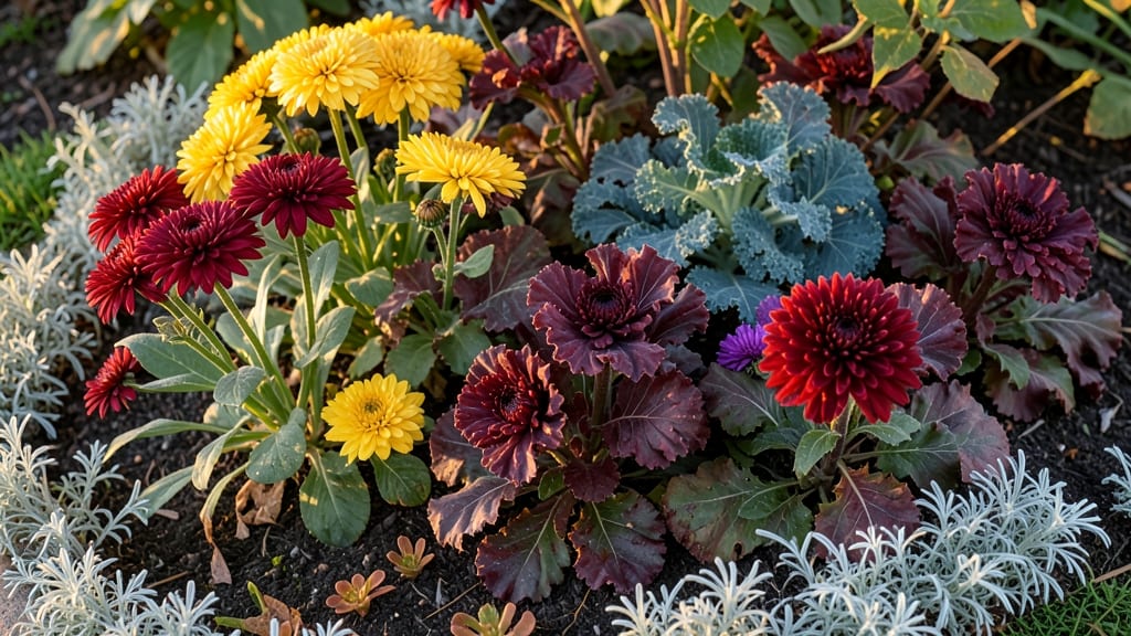 Mums and Ornamental Kale Border