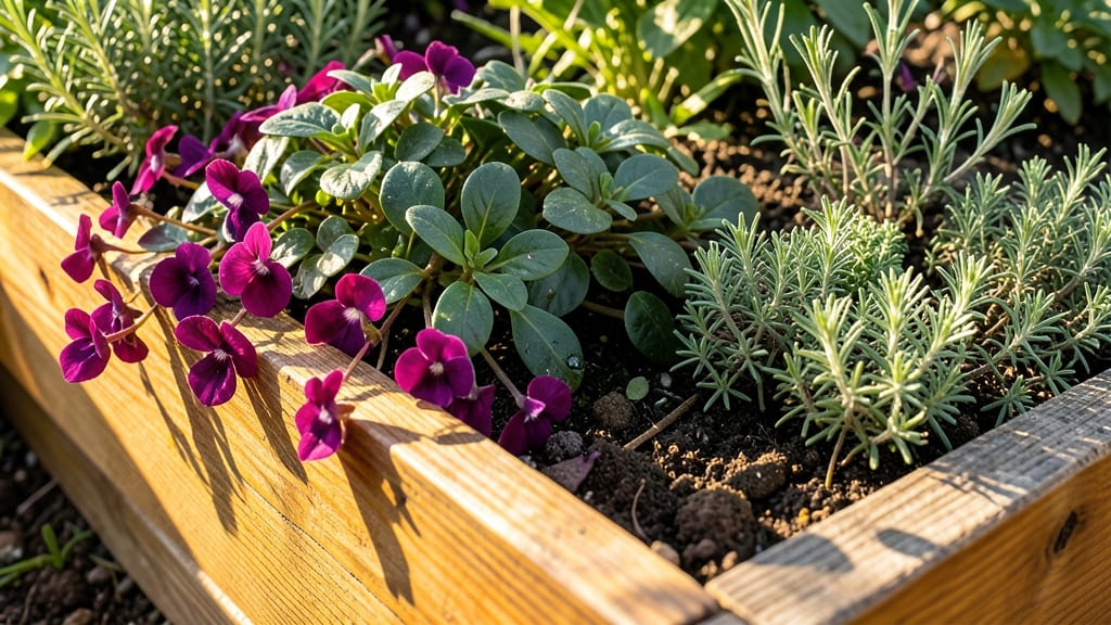 Vinca in Raised Garden Beds with Herbs