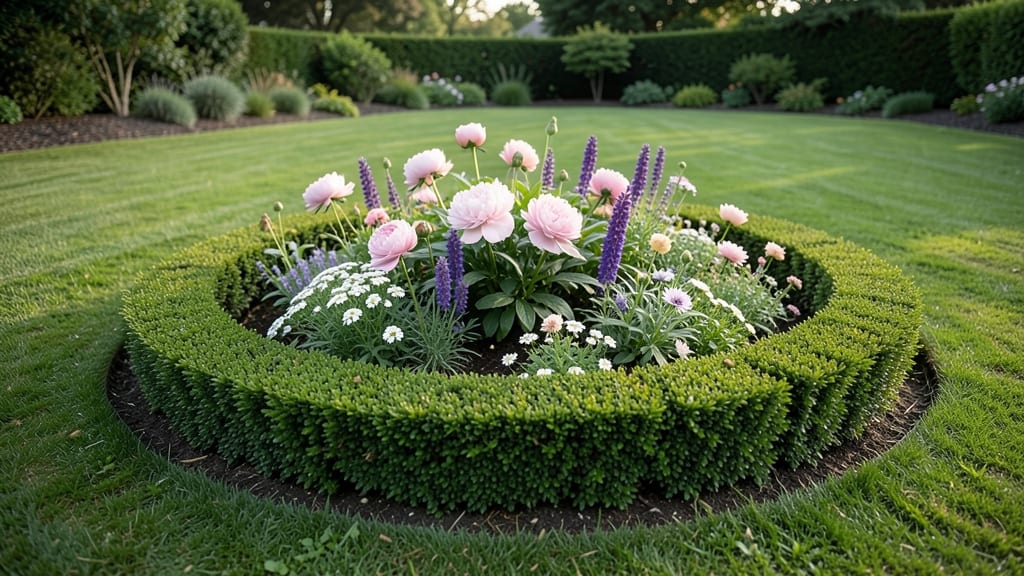 Geometric Round Bed with Boxwood Edging