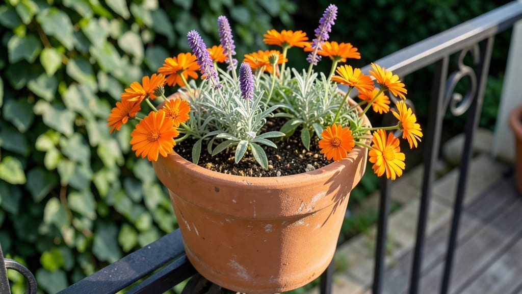 Container Garden with Calendula and Salvia