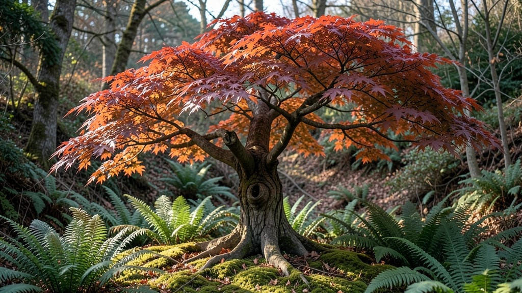 Japanese Maple 'Bloodgood' with Ferns