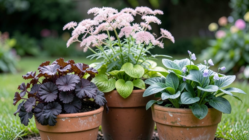 Seasonal Container Trio with Hostas and Heuchera