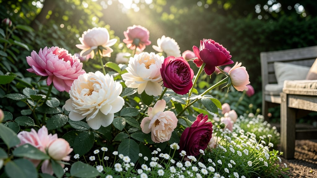 Fragrant Garden with Peonies and Roses