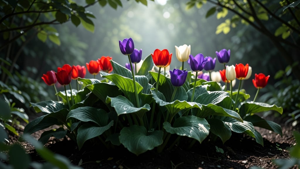 Tulip And Hostas Contrast Beds