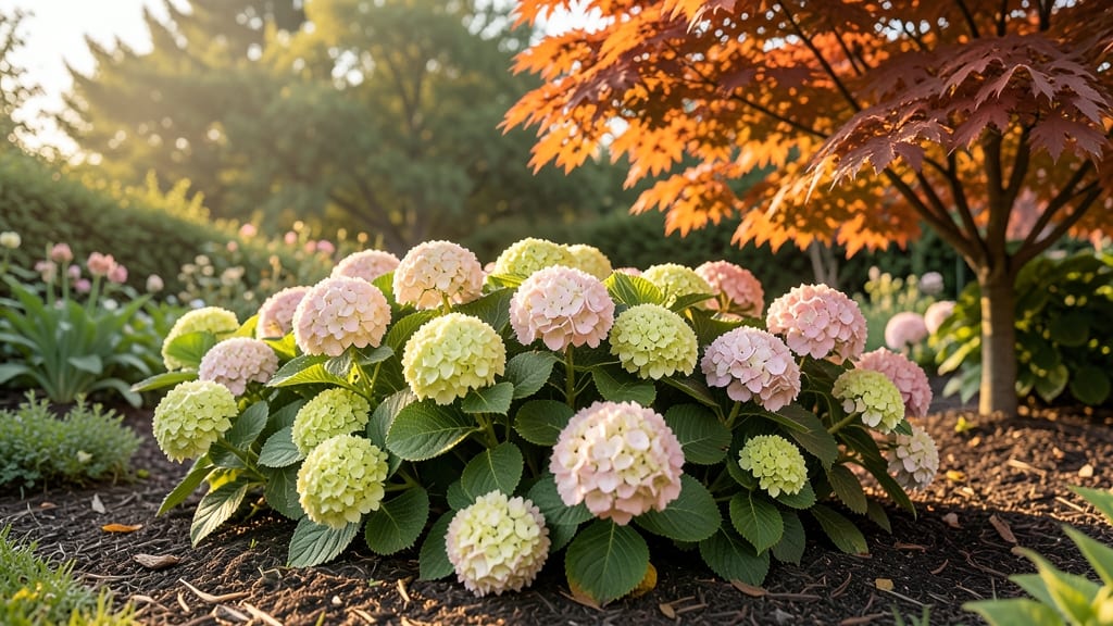 Hydrangea 'Limelight' with Copper Beech Leaves