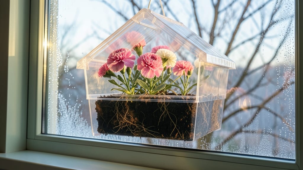 Mini Greenhouse Window Planter with Carnations