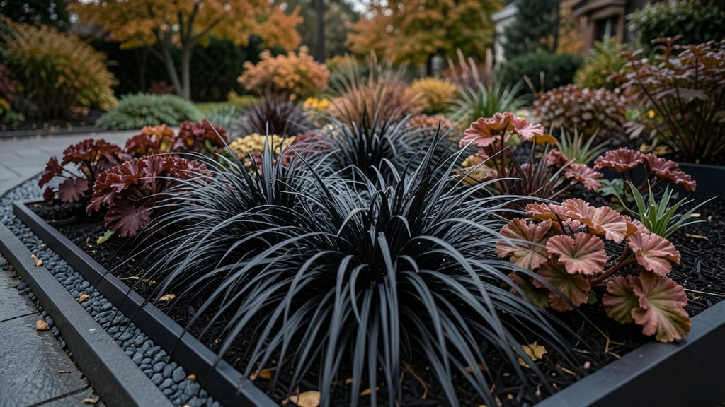 Black Mondo Grass with Coral Bells
