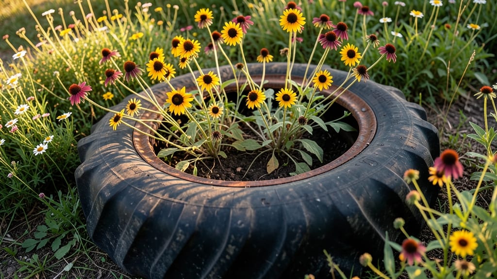 Tire Planter With Native Wildflowers