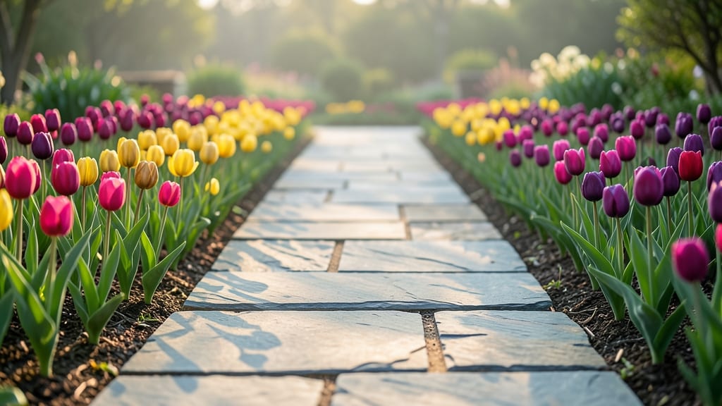Minimalist Stone Pathways with Popping Tulips