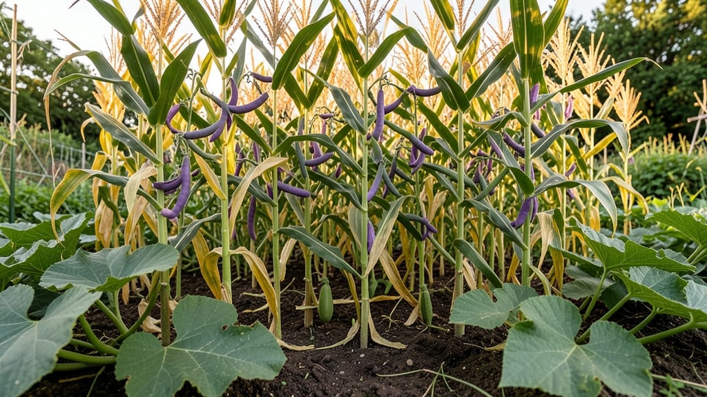 Three-Sister Garden Bed With Corn, Beans, And Squash