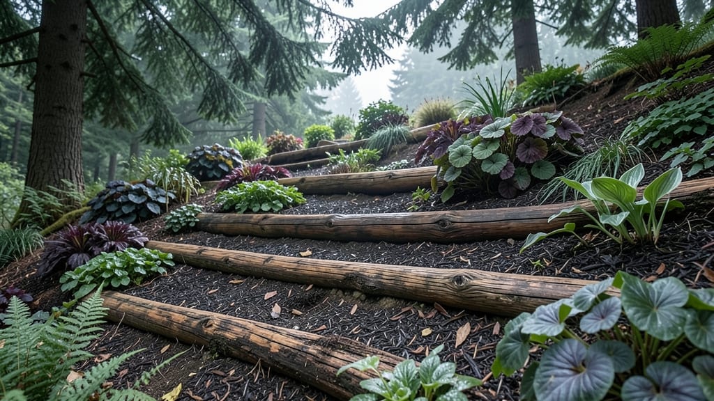 Mulch and Log Steps with Shade-Loving Plants